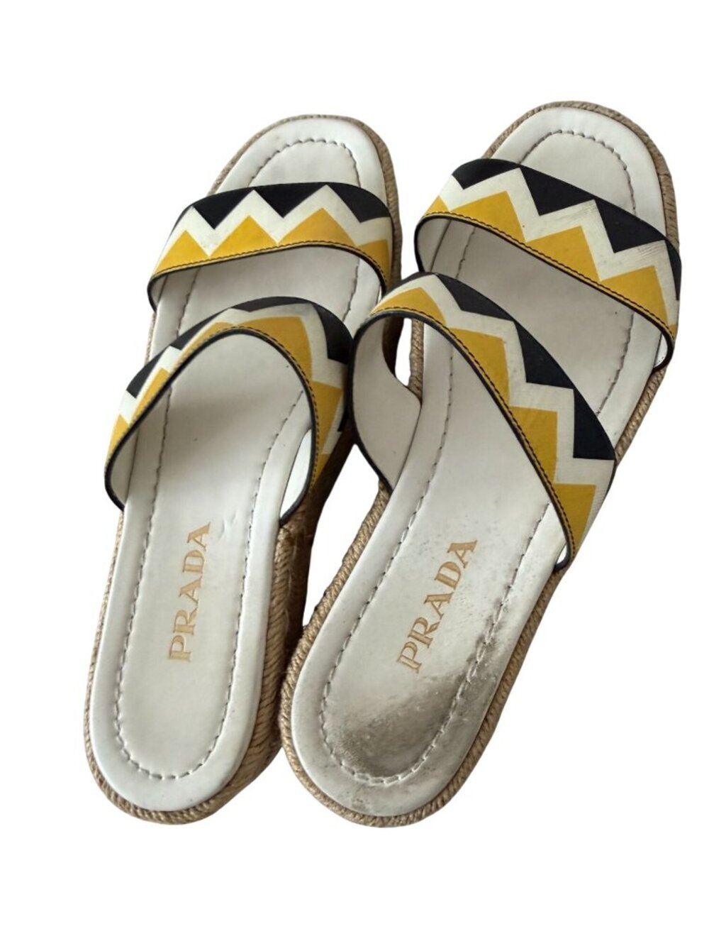 PRADA Zig Zag Beige Yellow Leather Platform Espadrilles Sandals Sz 37.5 / US 7.5 - Picture 5 of 9